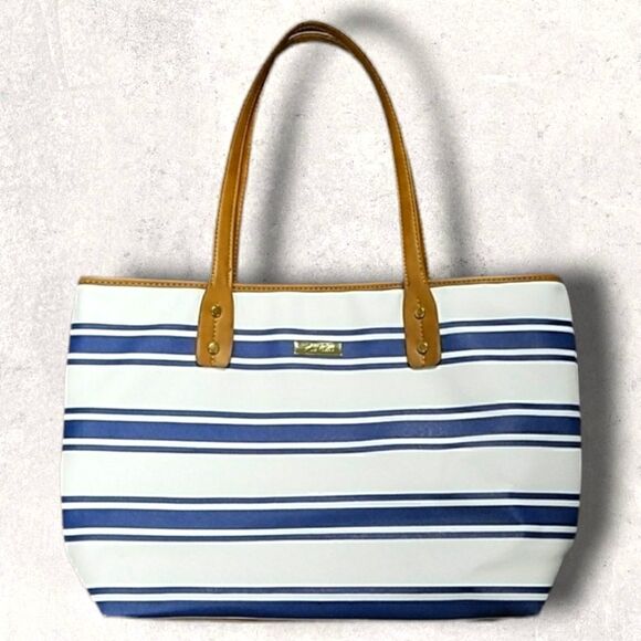 MARC FISHER WHITE WITH BLUE STRIPES LARGE TOTE BAG - NWOT! - Picture 1 of 7